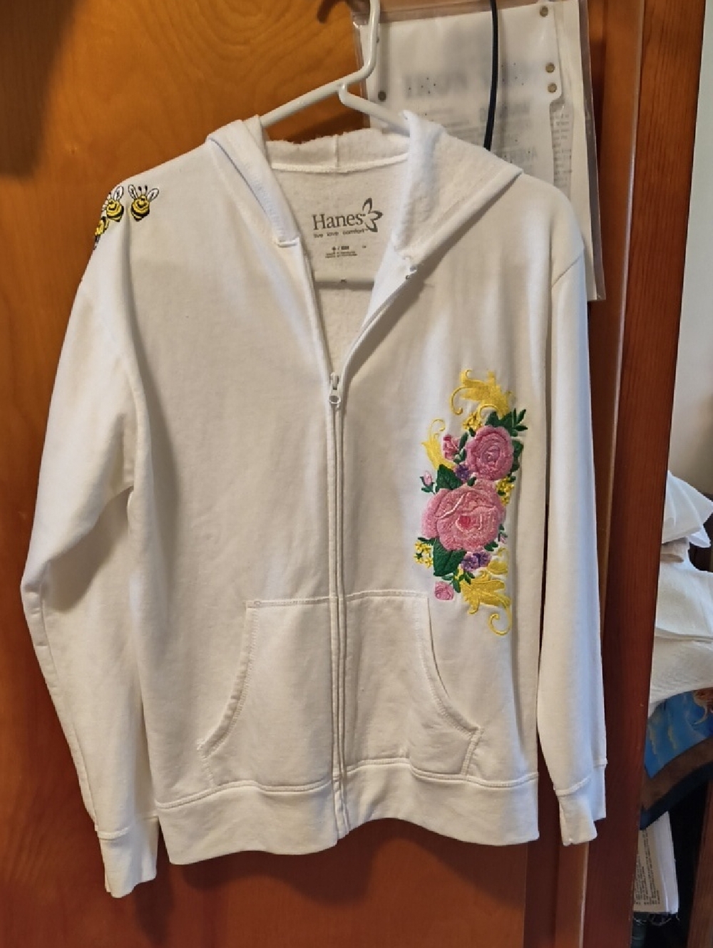 Hanes White Zip Hoodie with Pink Rose and Yellow Accents